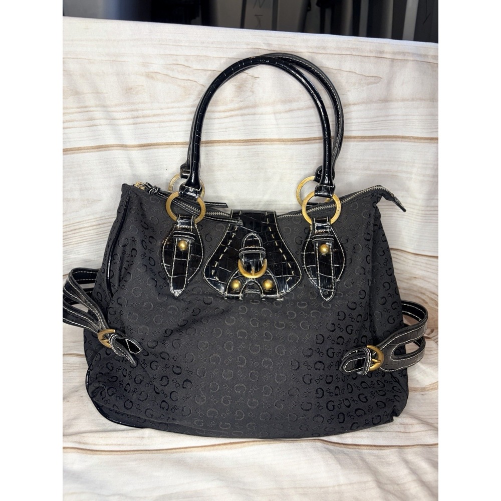 Y2K Guess‎ Black Shoulder Bag Buckle Studded Patent Canvas Chic Glam Designer